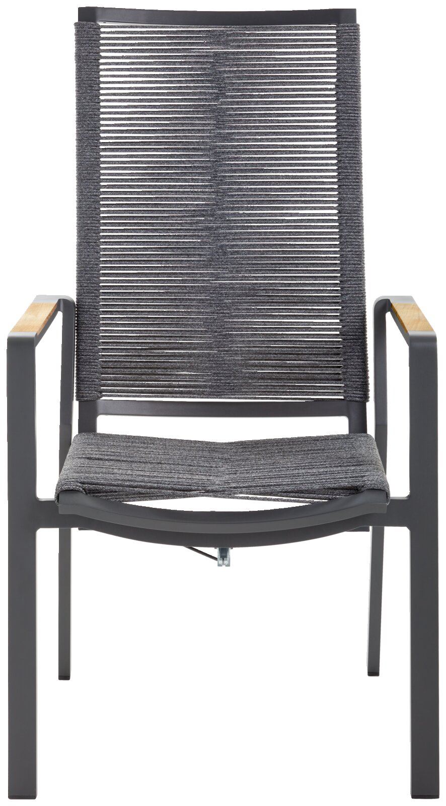 Vooraanzicht van een moderne relaxfauteuil met een grijs frame en houten armleuningen.