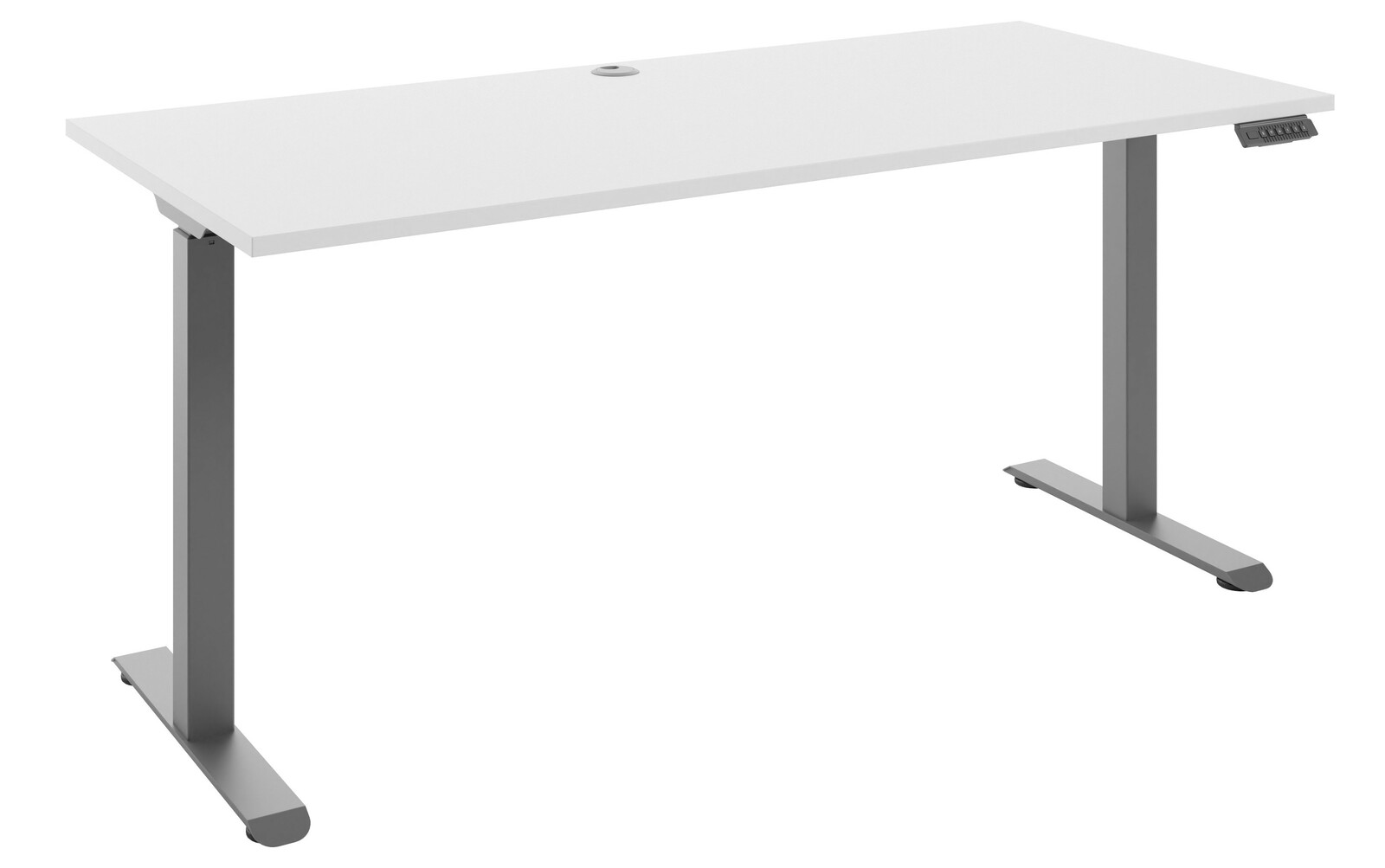 Moderner höhenverstellbarer E-Schreibtisch in Weiß mit grauen Metallbeinen, seitliche Perspektive