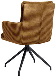 Rückansicht eines Armlehnstuhls mit braunem, geripptem Stoffbezug und schwarzem Metallgestell.