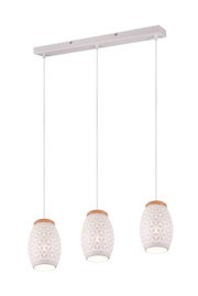 Moderne dreiflammige Pendelleuchte mit geometrischem Muster, seitliche Perspektive