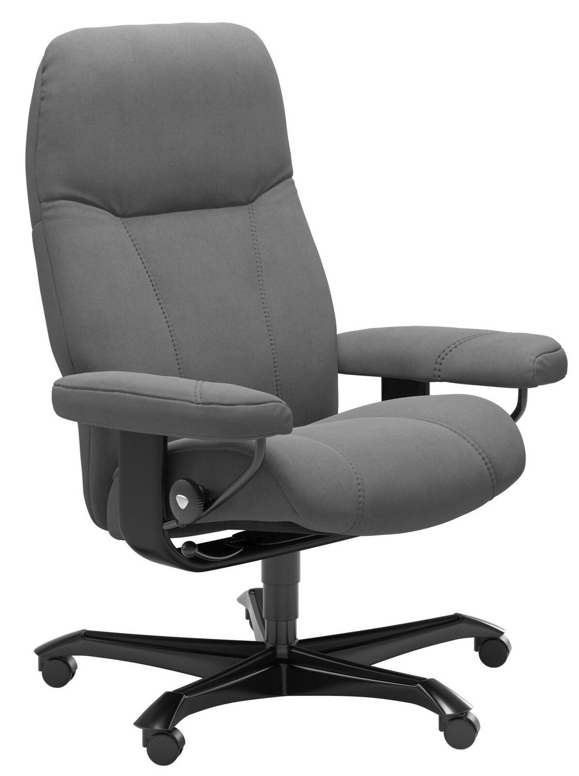 Grauer Chefsessel mit gepolsterten Armlehnen und verstellbarem Drehfuß, seitliche Perspektive