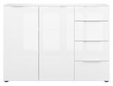 Weißes Sideboard mit zwei Türen und vier Schubladen, frontale Ansicht