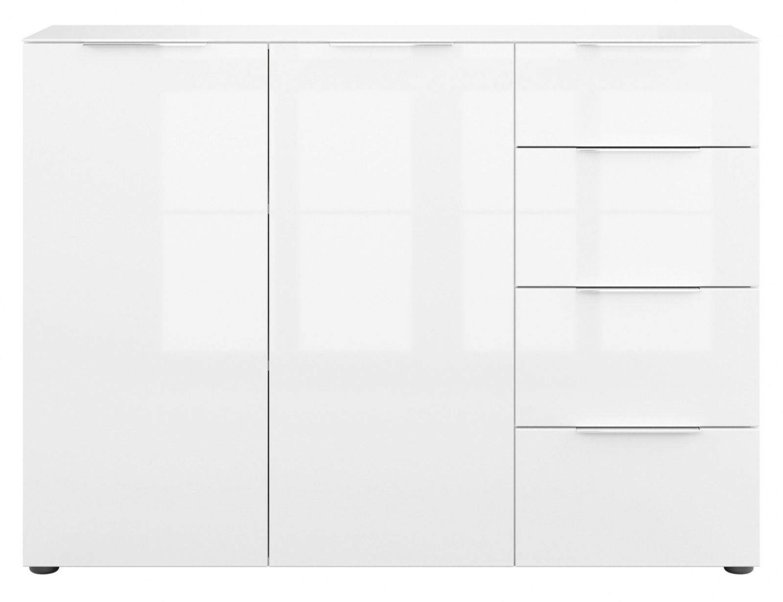 Weißes Sideboard mit zwei Türen und vier Schubladen, frontale Ansicht
