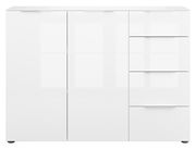 Weißes Sideboard mit zwei Türen und vier Schubladen, frontale Ansicht