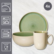 Frühstücksset 12-tlg in hellgrün aus Steingut, bestehend aus Teller, Schale und Tasse, geeignet für Mikrowelle und lebensmittelecht, seitliche Perspektive