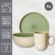 Frühstücksset 12-tlg in hellgrün aus Steingut, bestehend aus Teller, Schale und Tasse, geeignet für Mikrowelle und lebensmittelecht, seitliche Perspektive