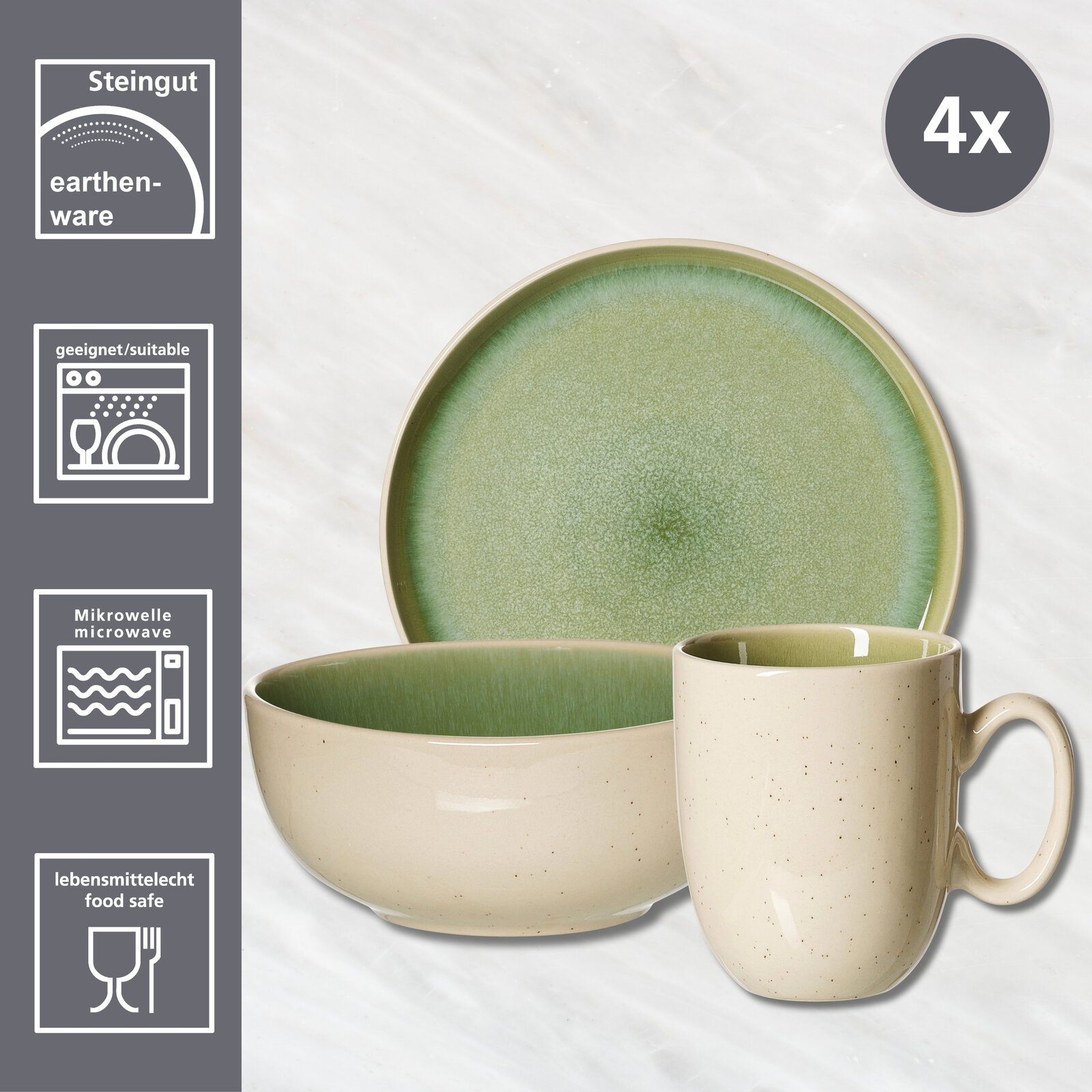 Frühstücksset 12-tlg in hellgrün aus Steingut, bestehend aus Teller, Schale und Tasse, geeignet für Mikrowelle und lebensmittelecht, seitliche Perspektive