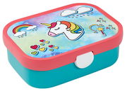 Bunte Brotdose mit Einhorn-Motiv, Regenbogen und Herzen, aus schräger Perspektive fotografiert