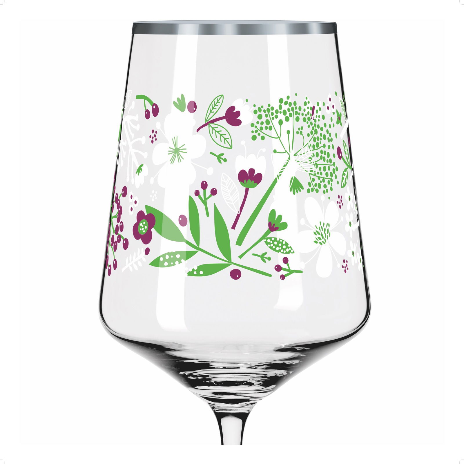 Weinglas mit floralem Muster in Grün und Lila, seitliche Perspektive