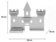 Wandregal in Schlossform in Hellgrau mit kleinen Holzablagen und Schublade, Maße ca. 42 x 34 x 19 cm, Frontansicht.