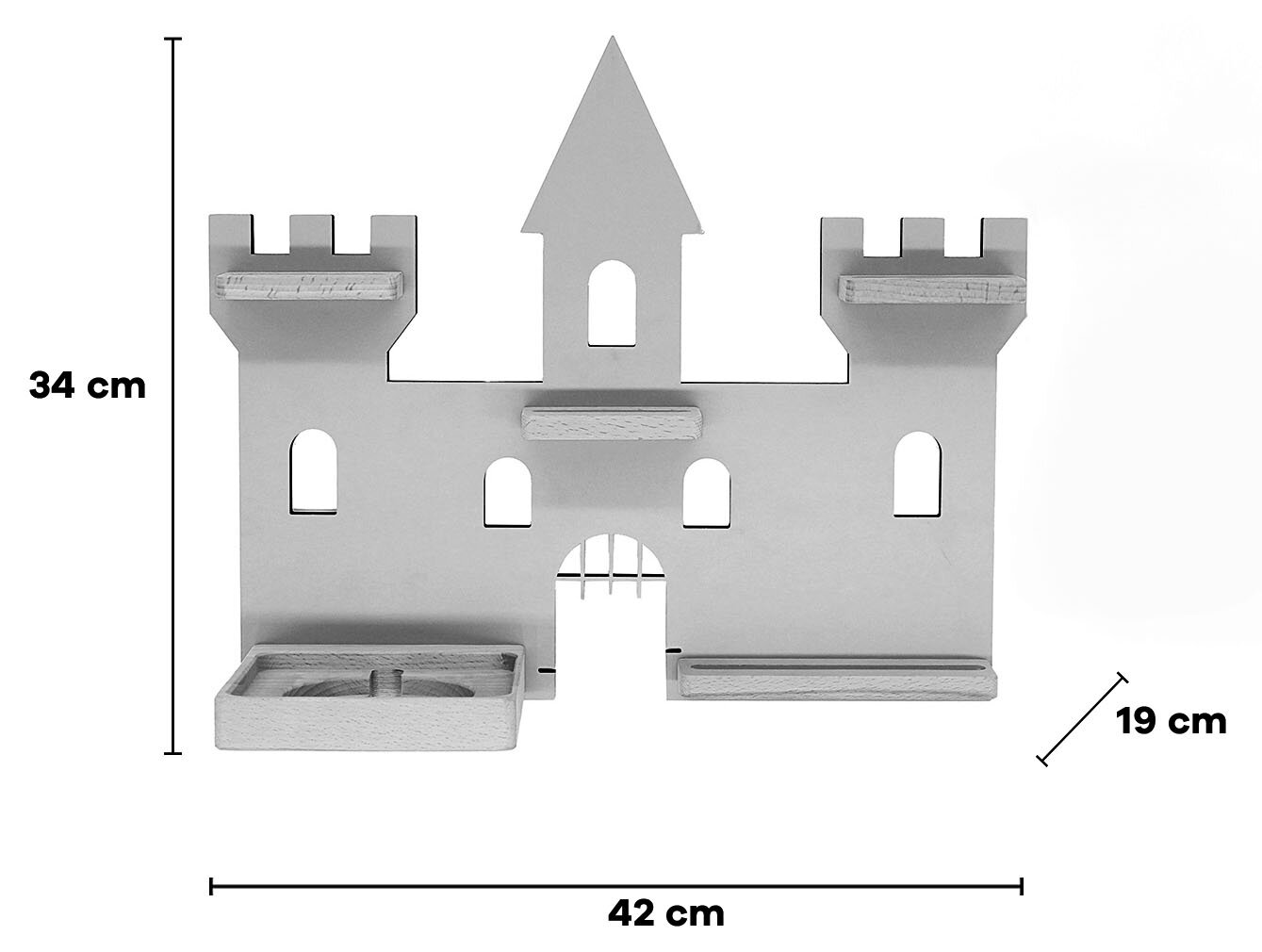 Wandregal in Schlossform in Hellgrau mit kleinen Holzablagen und Schublade, Maße ca. 42 x 34 x 19 cm, Frontansicht.