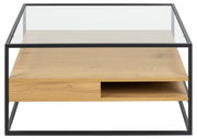 Moderner Couchtisch mit Glasplatte und Holzablage, frontal betrachtet.