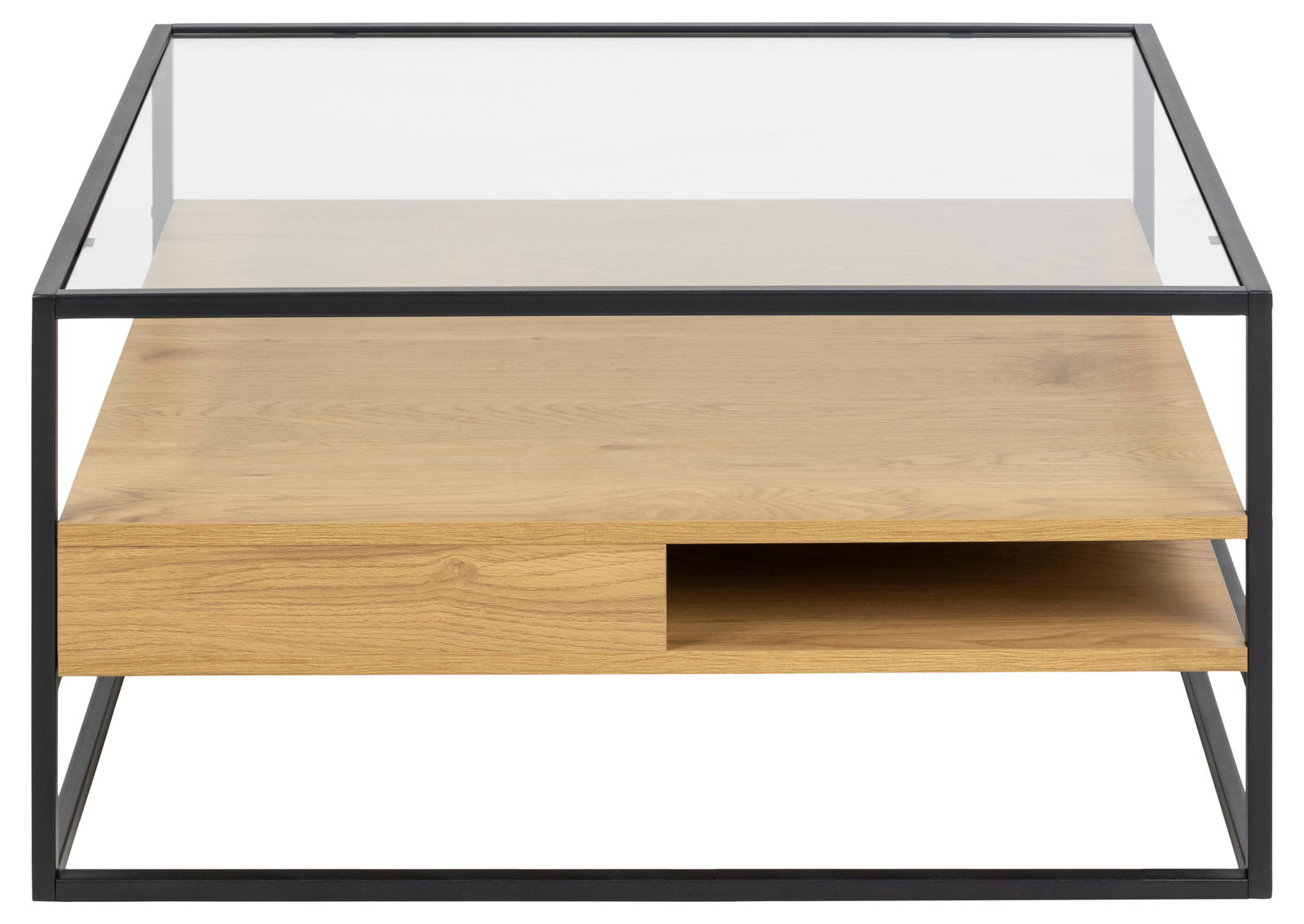 Moderner Couchtisch mit Glasplatte und Holzablage, frontal betrachtet.