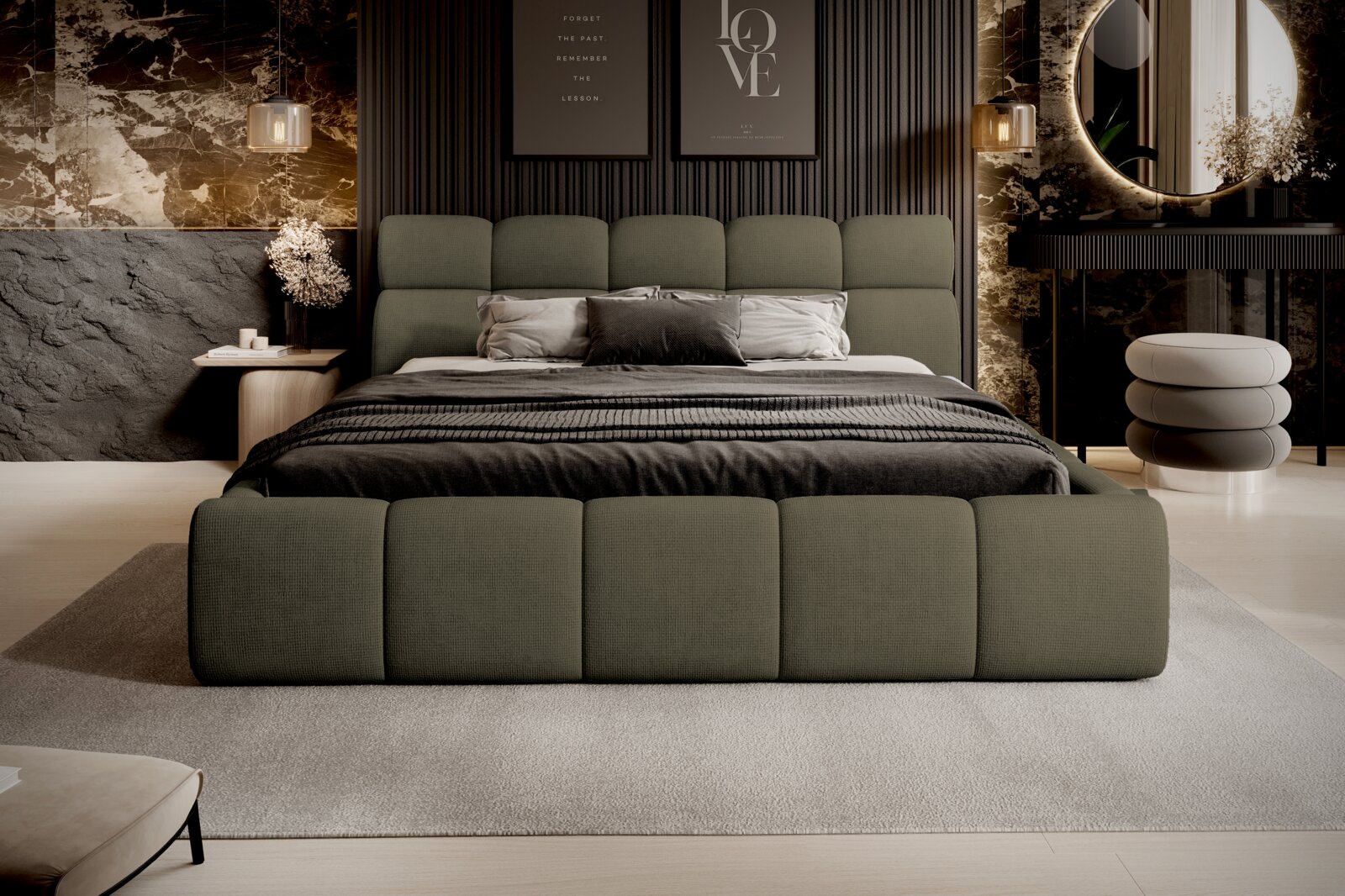 Een modern gestoffeerd bed in een stijlvol ingerichte slaapkamer, gezien vanaf de voorkant.