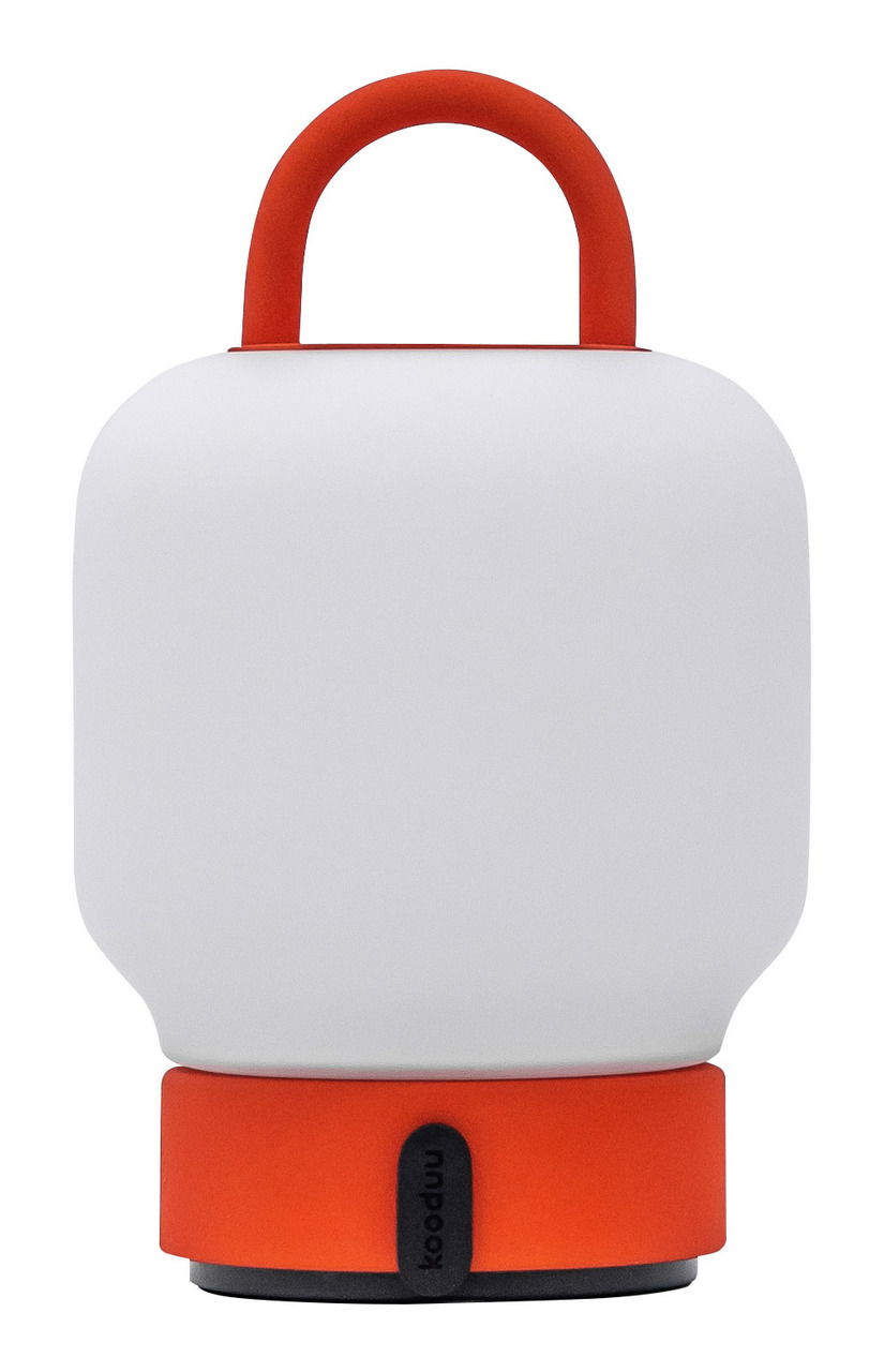 Tragbare Lampe mit weißem Körper und orangefarbenem Griff, frontal abgebildet