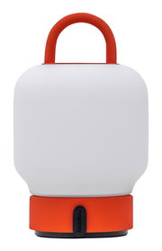 Tragbare Lampe mit weißem Körper und orangefarbenem Griff, frontal abgebildet