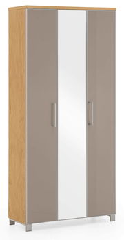 Moderner XL-Dielenschrank mit Holzseiten und grauen Türen, mittig mit Spiegel, seitliche Perspektive