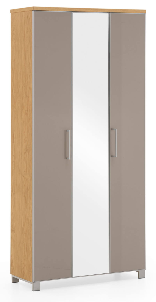 Moderner XL-Dielenschrank mit Holzseiten und grauen Türen, mittig mit Spiegel, seitliche Perspektive