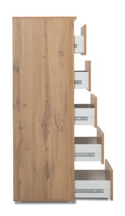 Seitenansicht einer Kommode mit fünf geöffneten Schubladen, Holzoptik