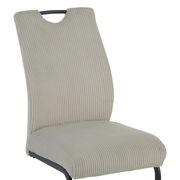 Schwingstuhl mit grauem, geripptem Stoffbezug und schwarzem Metallgestell, seitliche Perspektive