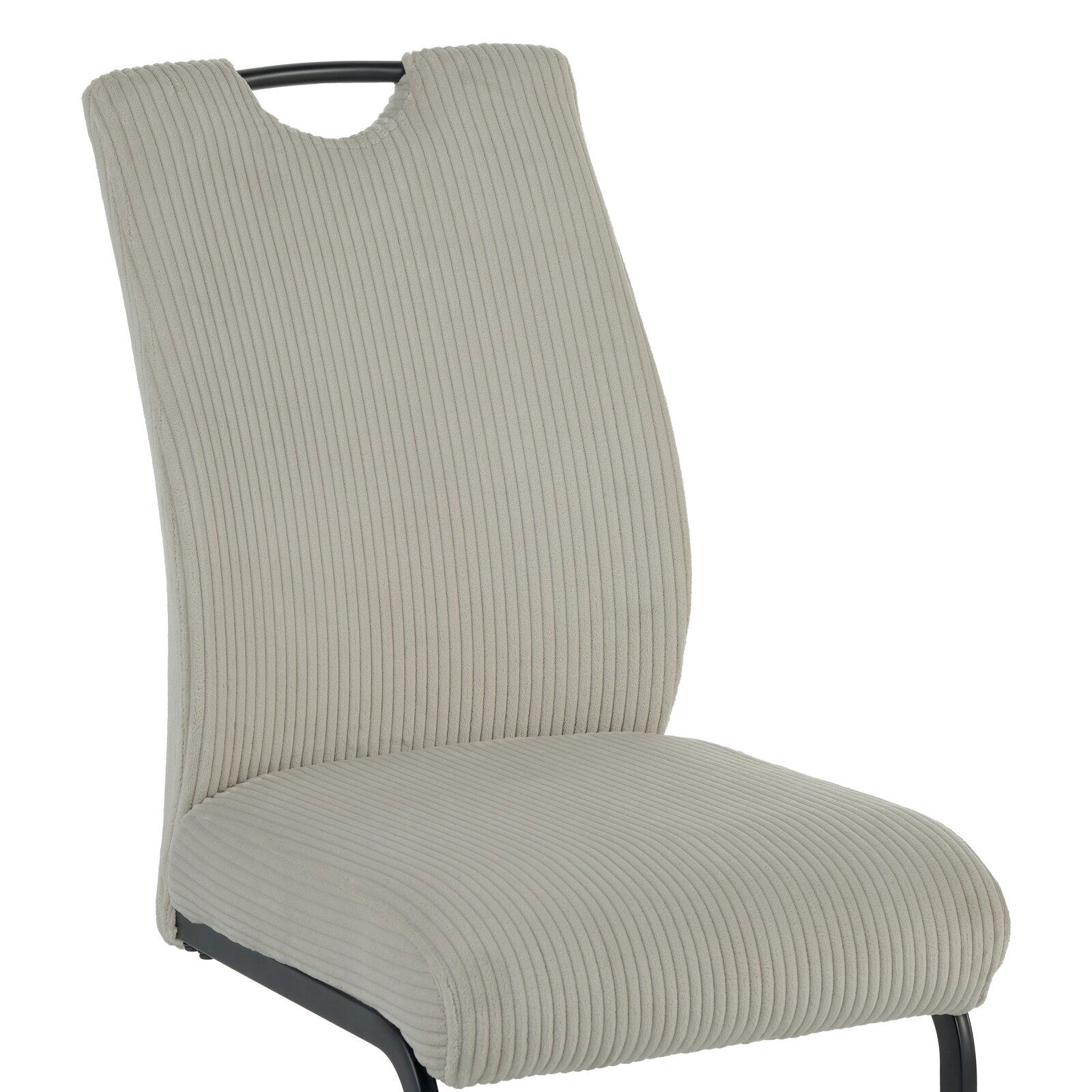Schwingstuhl mit grauem, geripptem Stoffbezug und schwarzem Metallgestell, seitliche Perspektive