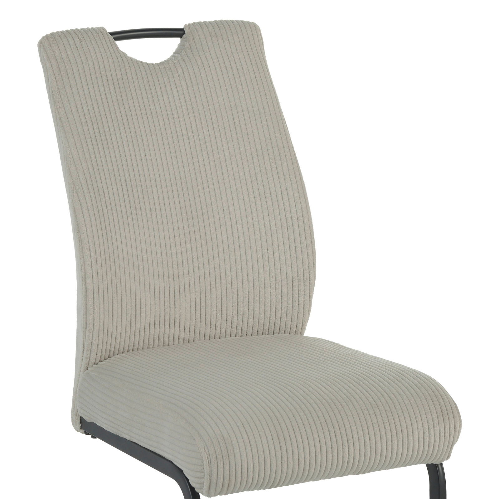 Schwingstuhl mit grauem, geripptem Stoffbezug und schwarzem Metallgestell, seitliche Perspektive