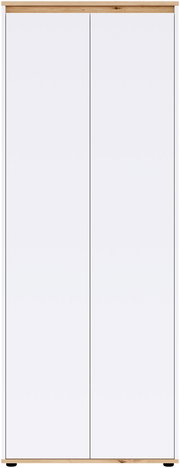 Zweitüriger Kleiderschrank in Weiß mit naturfarbenem Holzrahmen, frontale Ansicht