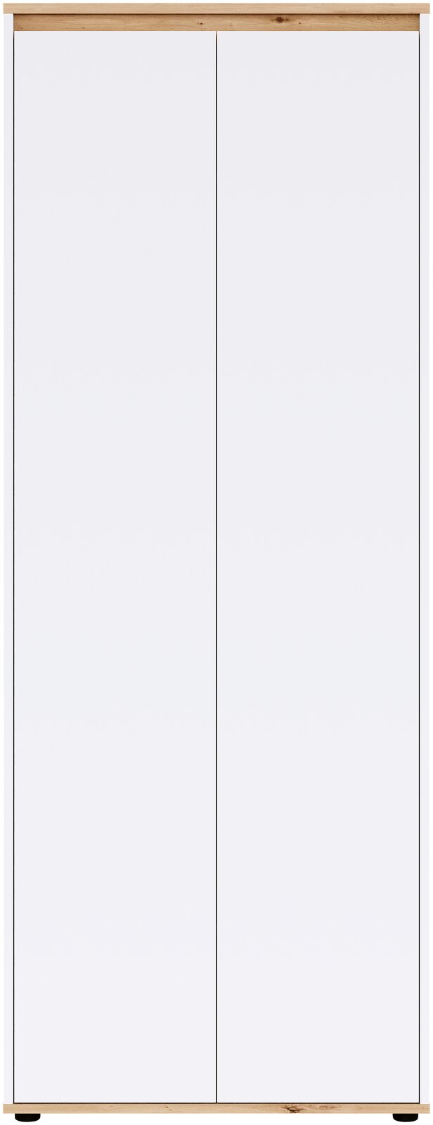 Zweitüriger Kleiderschrank in Weiß mit naturfarbenem Holzrahmen, frontale Ansicht