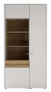 Moderne Vitrine mit weißem Korpus und Holzelementen, Frontalansicht