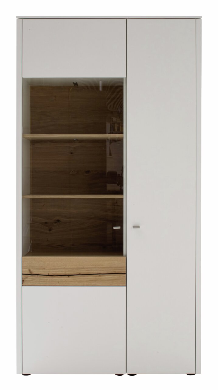 Moderne Vitrine mit weißem Korpus und Holzelementen, Frontalansicht