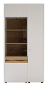 Moderne Vitrine mit weißem Korpus und Holzelementen, Frontalansicht