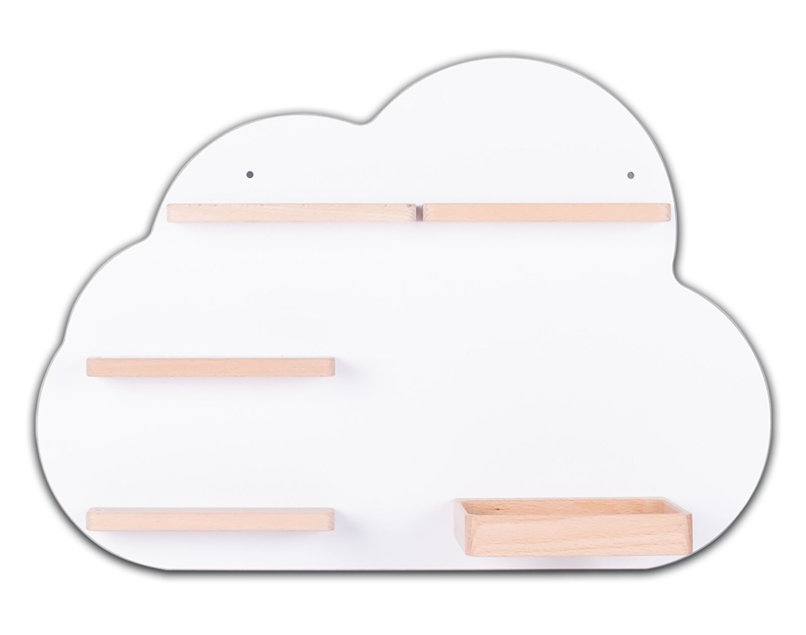 Wolkenförmiges Wandregal in Weiß mit mehreren naturfarbenen Holzablagen und kleinem Holzkasten, Produktansicht von vorne vor weißem Hintergrund