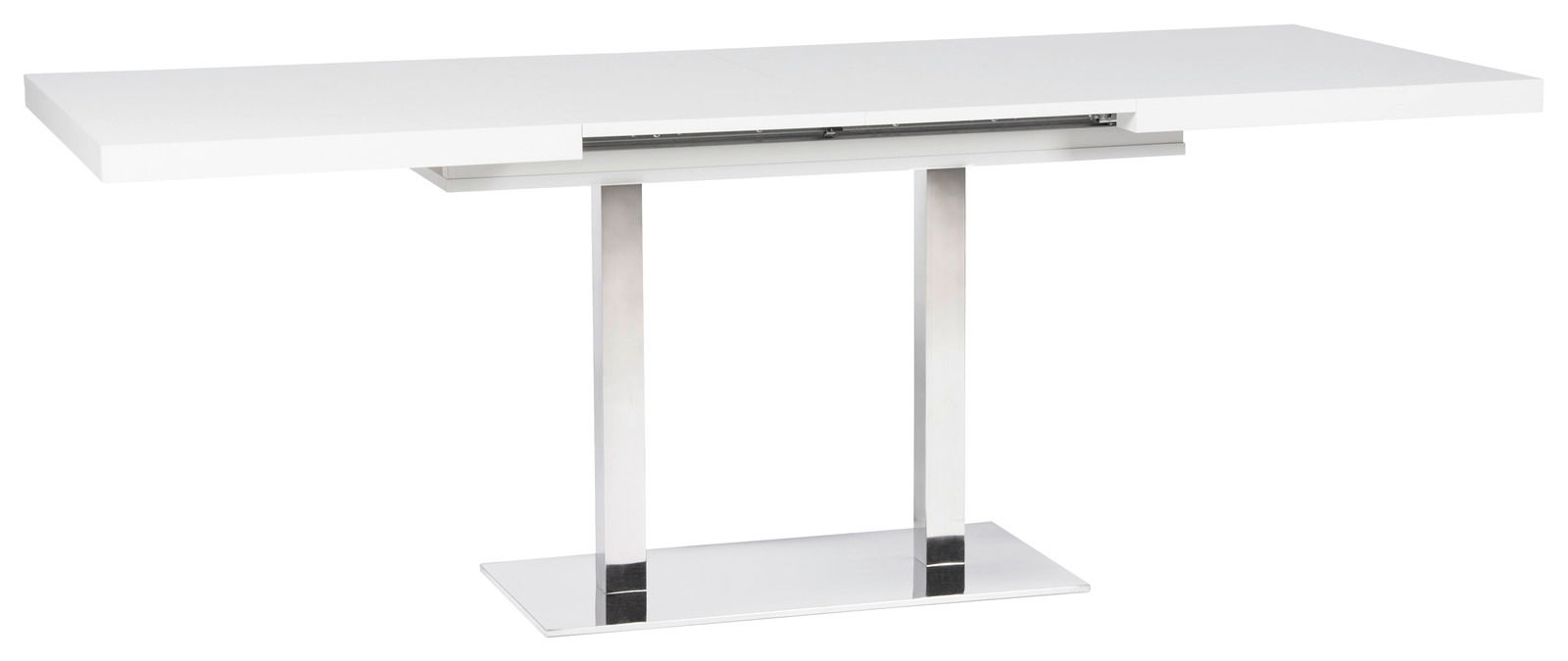Moderner weißer Esstisch mit ausziehbarer Tischplatte und Metallgestell, seitliche Perspektive