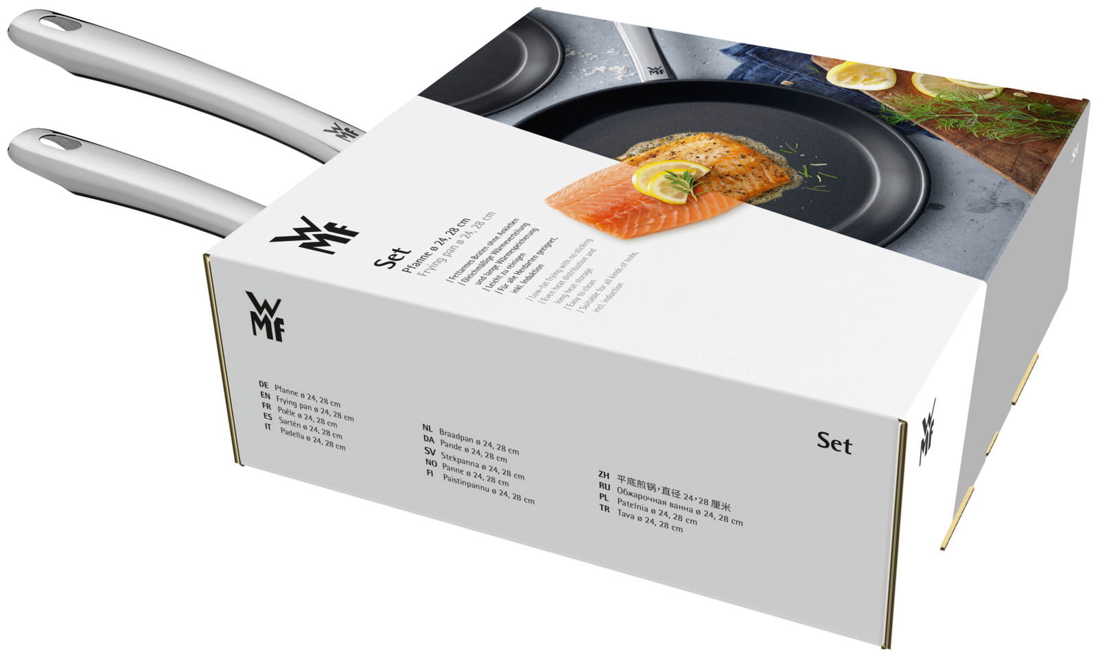 Verpackung des Pfannensets 24/28 cm Nordics von WMF, schräg von oben fotografiert, mit Abbildung von Pfannen und Lachsgericht.