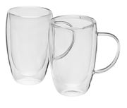 Zwei transparente Latte Macchiato Becher mit Henkel, seitliche Perspektive