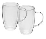 Zwei transparente Latte Macchiato Becher mit Henkel, seitliche Perspektive