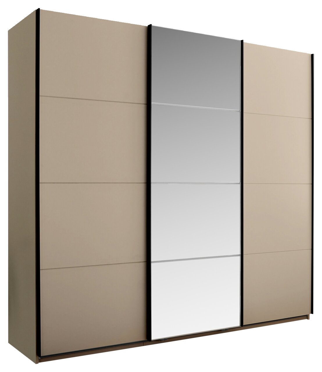 Moderner Schwebetürenschrank in Beige mit mittlerer Spiegeltür und schwarzen Rahmenleisten, freigestellt auf weißem Hintergrund, Ansicht schräg von vorne links