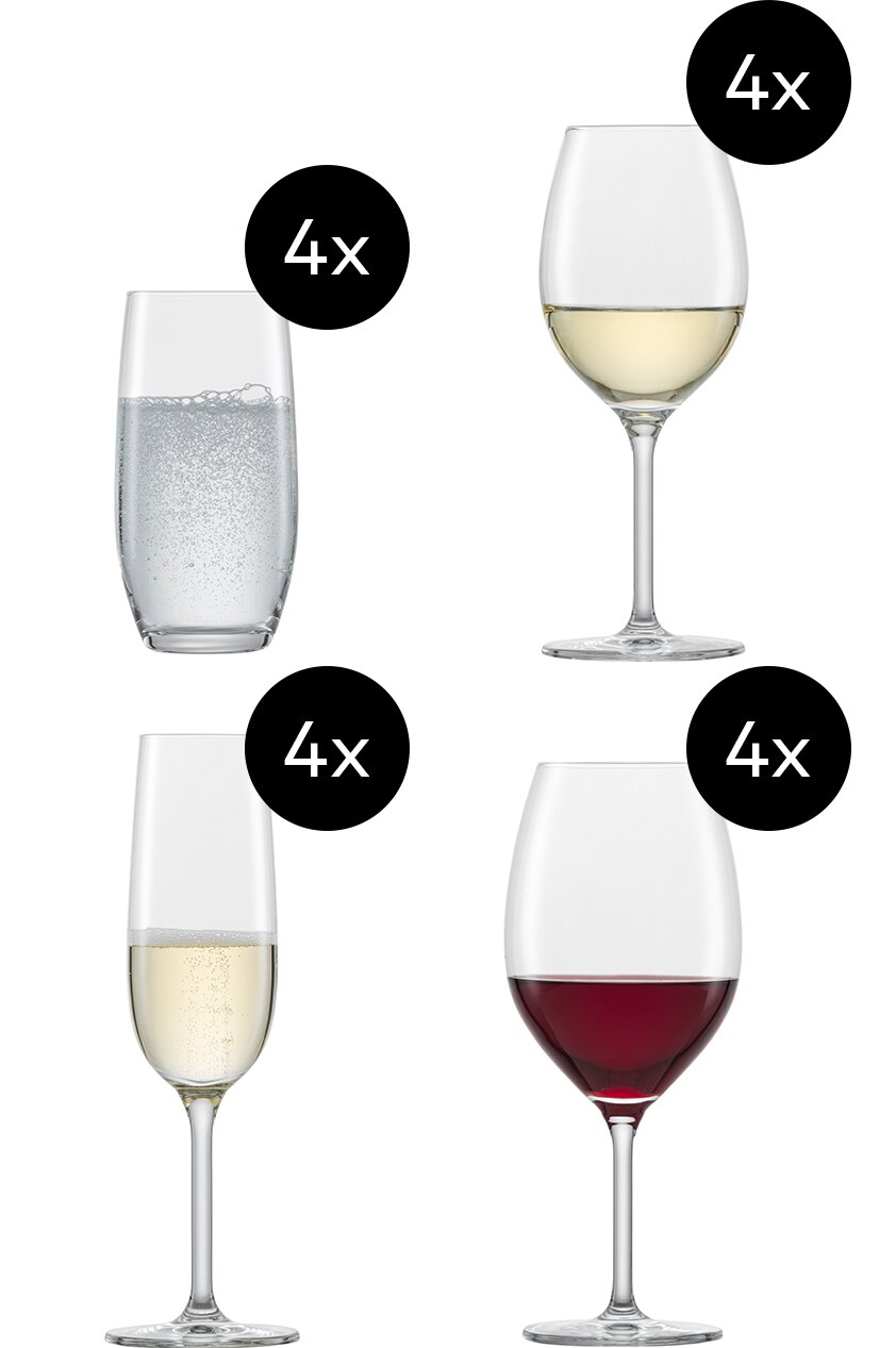 Vier verschillende glazen uit de set 'Glasset For You 16-delig' in vooraanzicht: een waterglas, een witwijnglas, een champagneglas en een rodewijnglas.