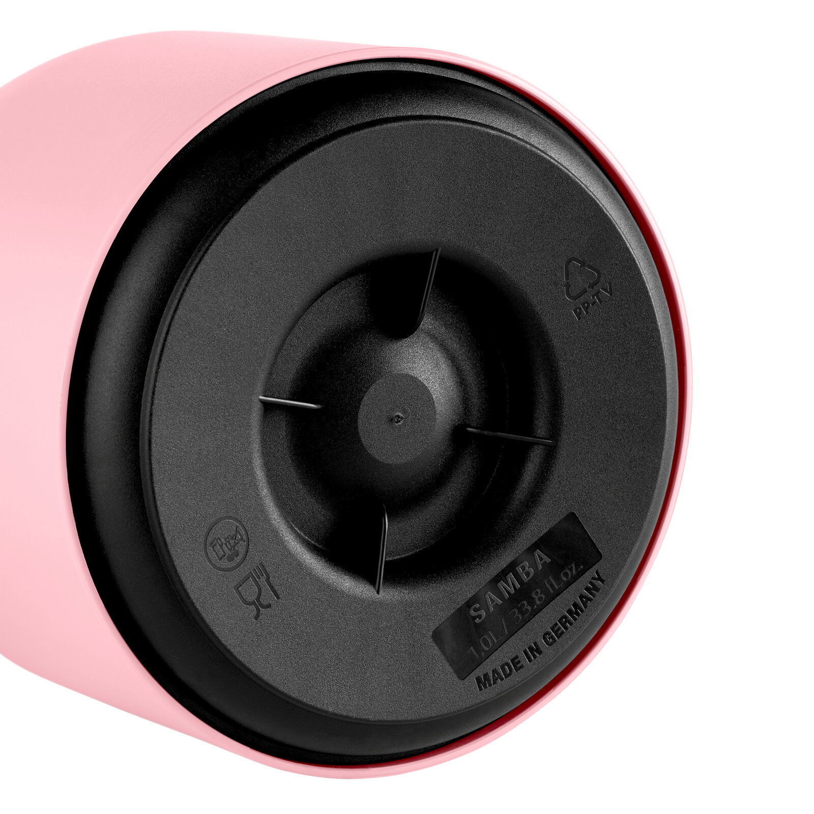 Bodenansicht einer rosa Isolierkanne SAMBA 1L mit schwarzem Boden, hergestellt in Deutschland.