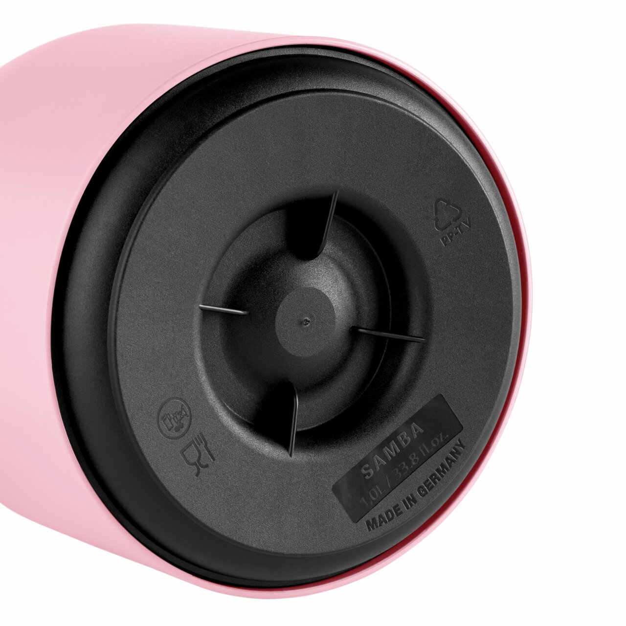 Bodenansicht einer rosa Isolierkanne SAMBA 1L mit schwarzem Boden, hergestellt in Deutschland.