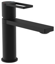 Moderne schwarze Waschtischarmatur mit rechteckigem Hebel, seitliche Perspektive