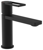 Moderne schwarze Waschtischarmatur mit rechteckigem Hebel, seitliche Perspektive