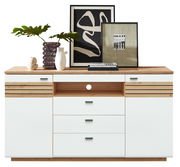 Modernes Sideboard mit weißer Front und Holzdetails, dekoriert mit Vasen und Kunstwerken, frontal betrachtet.