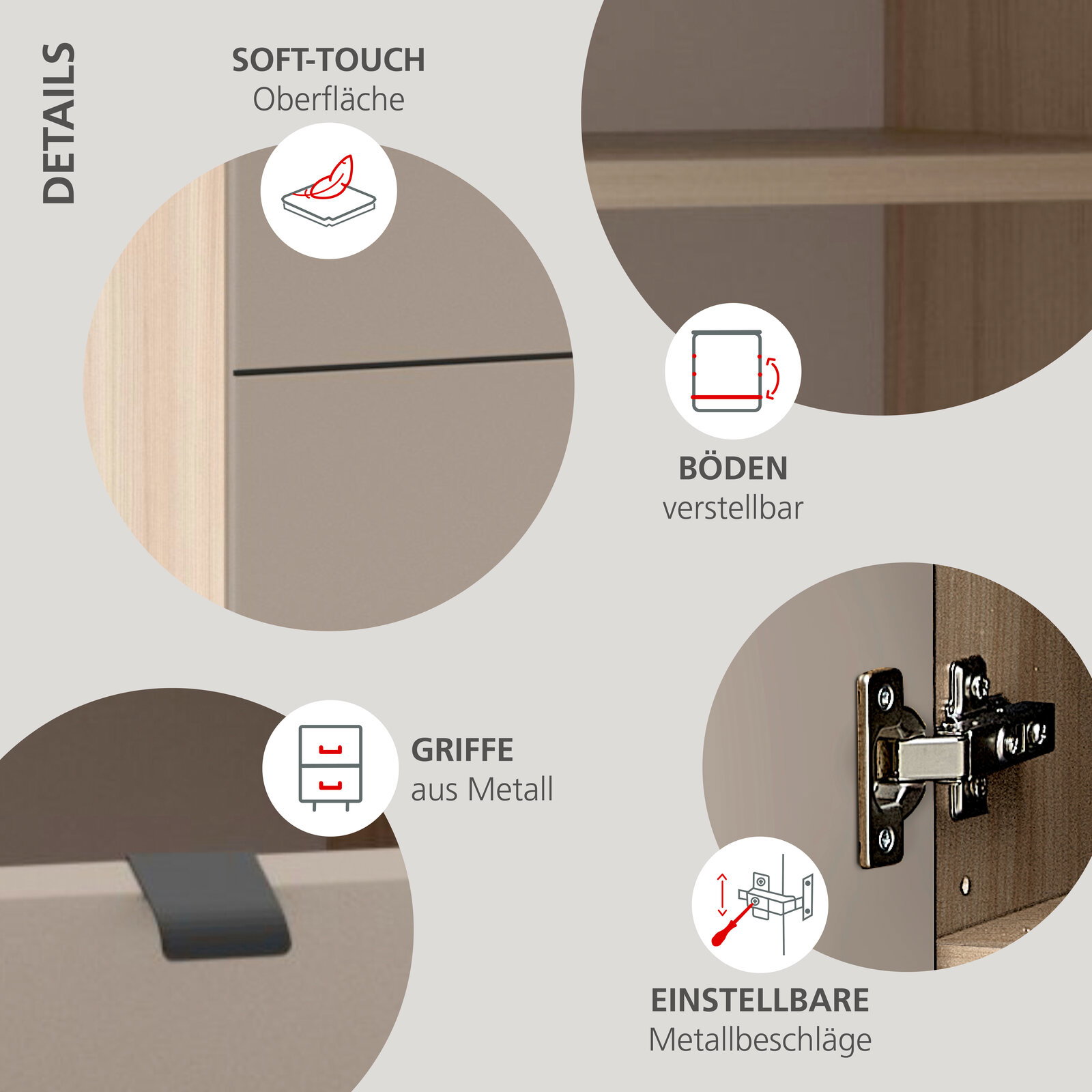 Detailansicht eines Schranks/Regals in Holzoptik mit Soft-Touch-Oberfläche, verstellbaren Einlegeböden, Metallgriffen und einstellbaren Metallbeschlägen; Perspektive: Nahaufnahme/Detailansicht.
