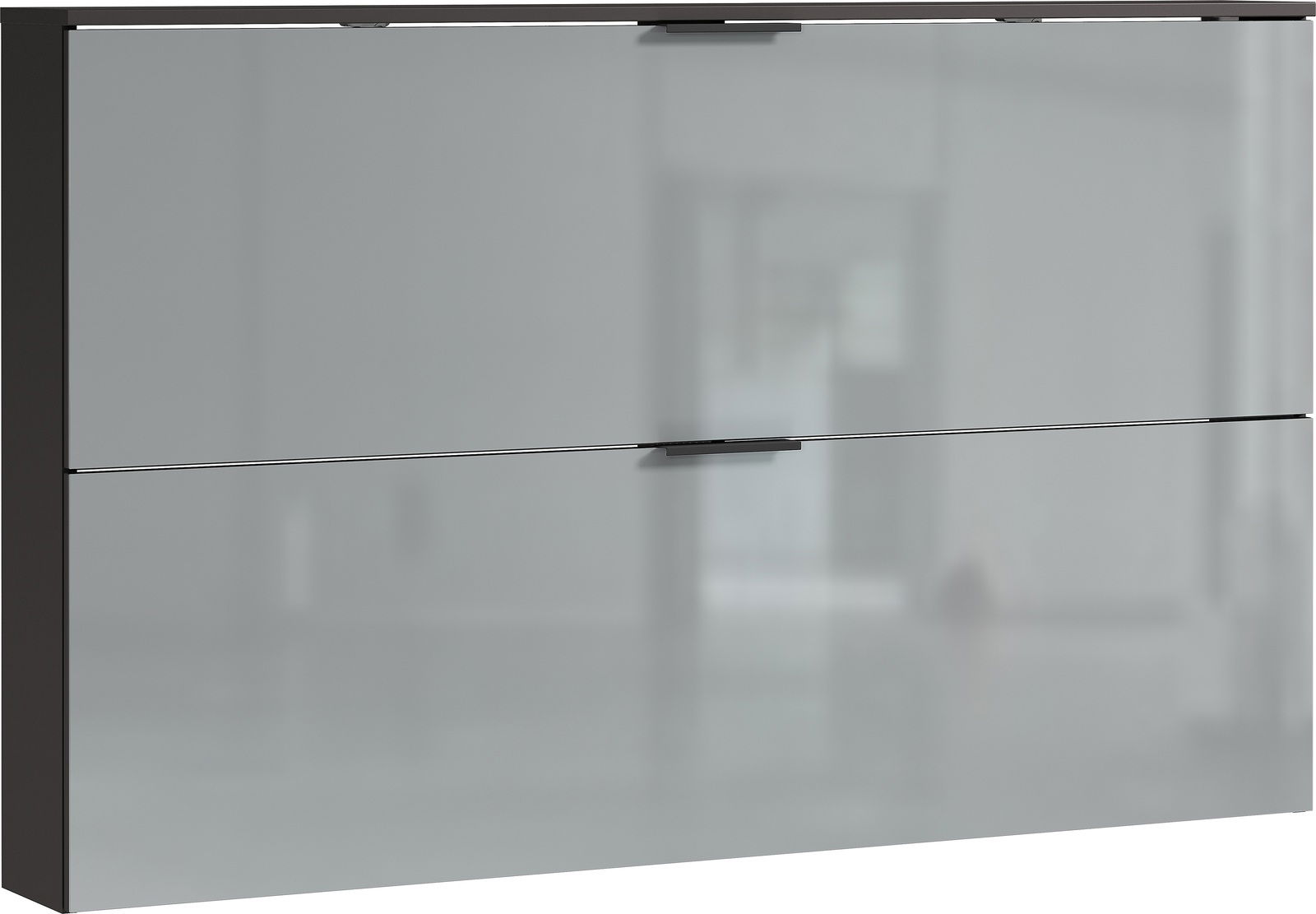 Moderner Schuhschrank mit zwei Klappen in Hochglanzoptik, seitliche Perspektive