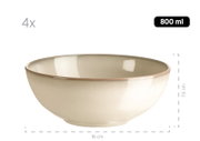 Beige glasierte Keramikschüssel mit braunem Rand, 800 ml Fassungsvermögen, ca. 16 cm Durchmesser und 7,5 cm Höhe, Produktansicht leicht von vorne/seitlich vor weißem Hintergrund.