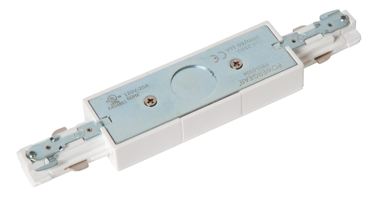 Mitteleinspeiser in Weiß und Metalloptik, von oben betrachtet, mit sichtbaren Schrauben und elektrischen Anschlüssen.