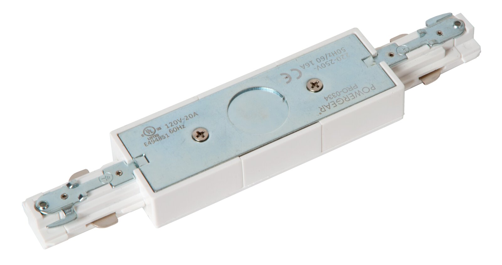 Mitteleinspeiser in Weiß und Metalloptik, von oben betrachtet, mit sichtbaren Schrauben und elektrischen Anschlüssen.
