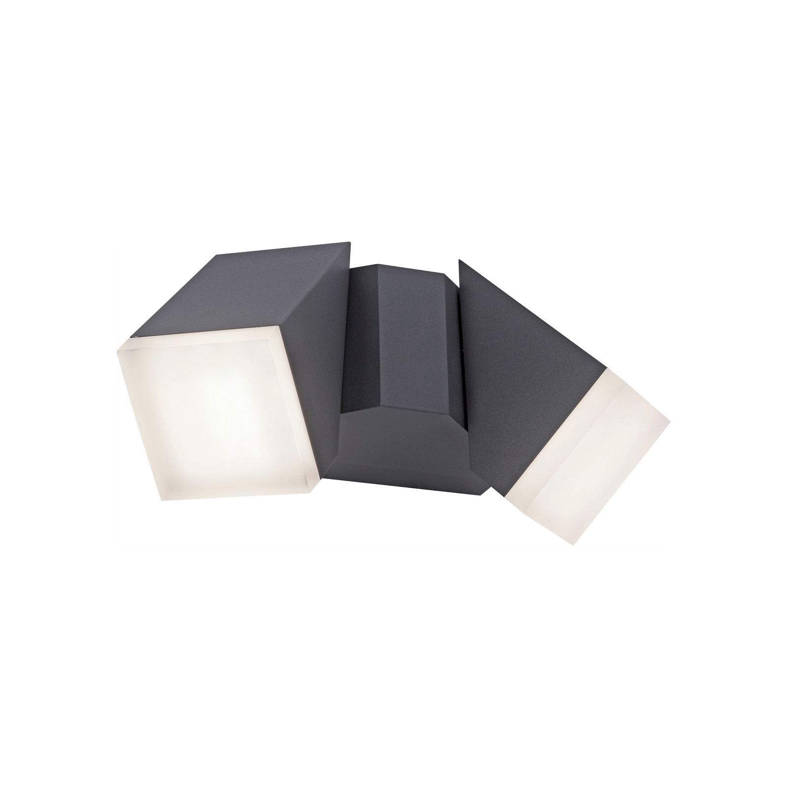 Moderne anthrazitfarbene Wand- und Deckenleuchte mit geometrischem Design, seitliche Perspektive.