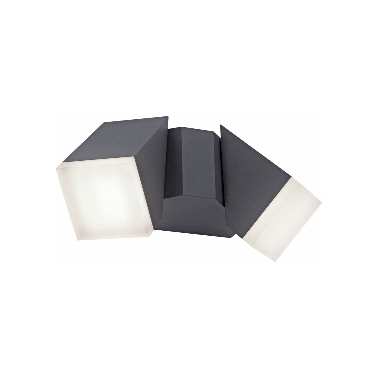 Moderne antracietkleurige wand- en plafondlamp met een geometrisch ontwerp, gezien vanaf de zijkant.